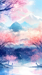 Serene misty mountain landscape with cherry blossoms and a tranquil lake, featuring vibrant pink trees and a snow-capped peak under a bright blue sky