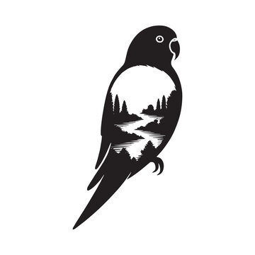 recommend clip art: silhouette of Lovebird filled with river view in rough drawing