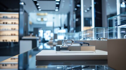 Naklejka premium Eyeglasses displayed on shelves in optical showroom, background for optometry business