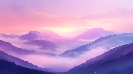 Fototapeta premium Serene mountain landscape at sunset with foggy valleys and purple sky, ethereal and tranquil nature scene