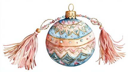 Boho Christmas ornament clipart, with tassels and beads, watercolor illustration, pastel tones, isolated on white background
