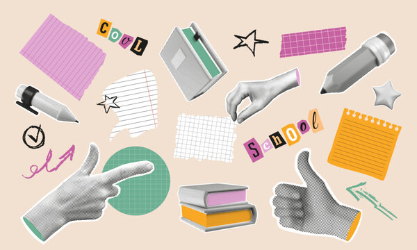 School stickers set. Collage elements. Halftone hands, stationery supplies, pencil, pen, book. Paper sheets, torn notes. Doodle graphics. Back to school concept. Social media vector illustration.