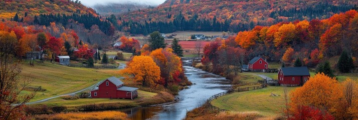 Colorful autumn foliage surrounds red barns and a peaceful river in a scenic rural landscape