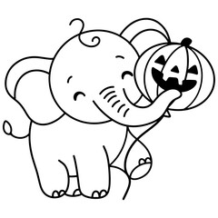 Charming hand-drawn illustration of a happy elephant holding a Halloween pumpkin. Perfect for Halloween-themed designs and decorations