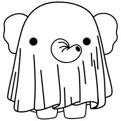 Charming hand-drawn illustration of an elephant dressed as a ghost, perfect for Halloween-themed designs and decorations