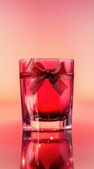 Glass red gift cup with red ribbon displayed on gradient pink background. Glass elements concept, glass morphing, elegance and celebration