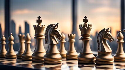 A chess board with a horse on each side