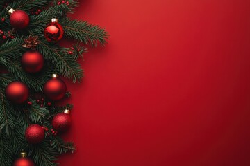 Christmas background with red color and green tree branches, festive decoration with balls on flat lay red paper.