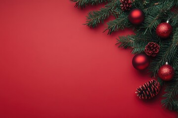 Christmas background with red color and green tree branches, festive decoration with balls on flat lay red paper.