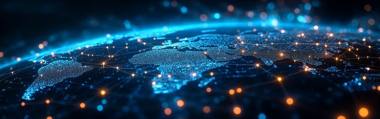 Digital Global Network Map in Cool Blue Tones