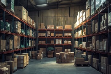 A spacious warehouse interior filled with stacked boxes on shelves, showcasing organized storage for efficient inventory management.