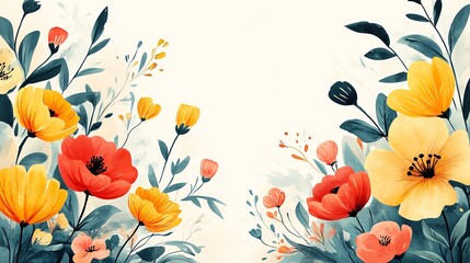Template for cards with a floral frame and blank lined section for notes, trendy flat design, front view, garden theme, watercolor, vivid color scheme
