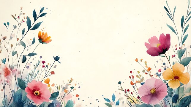 Template for cards with a floral frame and blank lined section for notes, trendy flat design, front view, garden theme, watercolor, vivid color scheme