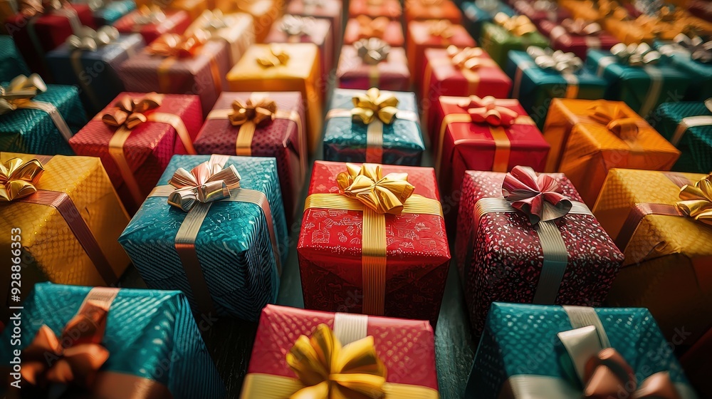 Poster numerous vibrant presents adorned with bows are arranged closely, creating a cheerful atmosphere for