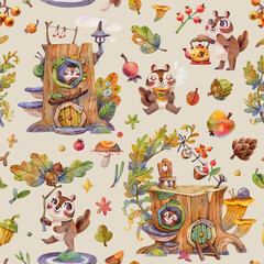 Fototapeta premium Autumn seamless pattern with cartoon chipmunks and forest elements on a beige background. Little tiny houses, acorns, mushrooms, apples and forest leaves. Best for packing paper, cover and textiles.