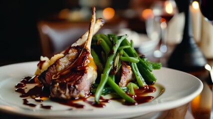 Rack of lamb with red wine reduction, served with mashed potatoes and green beans on an elegant dining plate