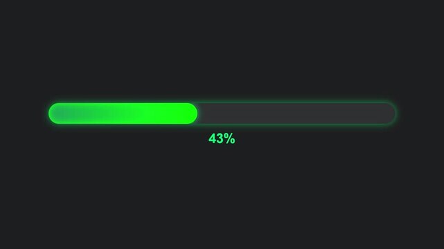 Glowing Green Loading Bar to 100% Animation on Dark Background. Chroma Key Modern Progress Indicator for Tech Loading Concepts. Isolated Loading or Buffering 4K Resolution Animation to 100 Percent.