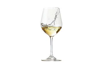 White wine flowing down a wine glass, isolated on a white background.