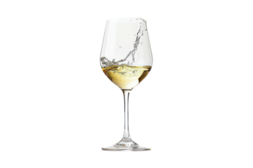 White wine flowing down a wine glass, isolated on a white background.