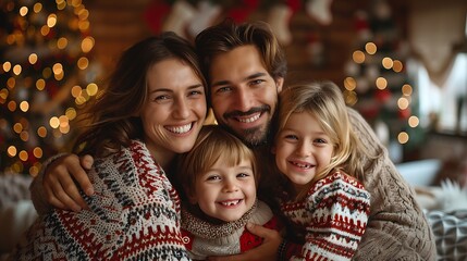 A cheerful family holiday portrait, with parents and children dressed in matching red and green outfits, posing in front of a glowing Christmas tree, the room filled with festive decorations,