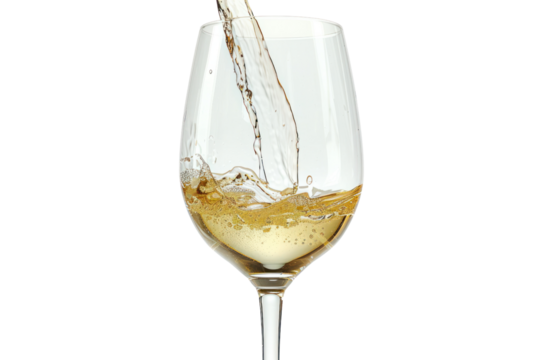 White wine flowing down a wine glass, isolated on a white background.