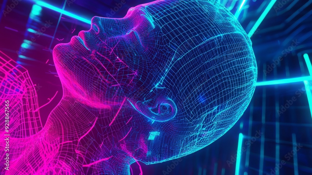 Poster using facial recognition technology, representing a person's face with data from an ai biometric sys