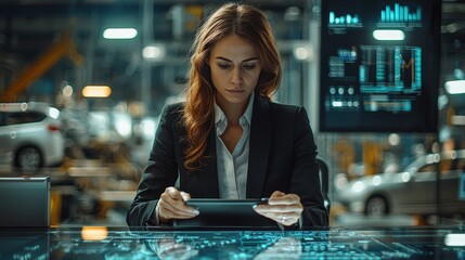 A businesswoman focuses on her tablet while surrounded by digital displays and data analytics in a high-tech office