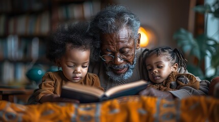 Obraz premium A cozy, detailed shot of three generations of a family sitting together, the grandparents reading a story to the children on their laps, the room filled with soft lighting, comfortable furniture,