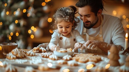 A cozy holiday kitchen scene where parents and children are baking cookies together, flour dusted on their faces, warm lighting illuminating the festive decorations,