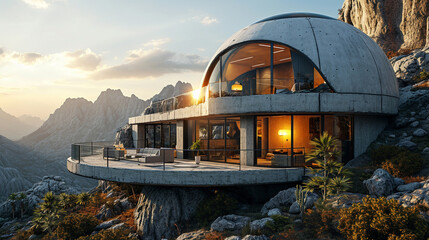 Obraz premium Modern concrete dome house on top of a mountain with large windows and magnificent scenic views of the valley below