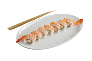 Photo of rustic hand-rolled shrimp sushi, conveying the essence of Japanese cuisine, isolated on a white background.