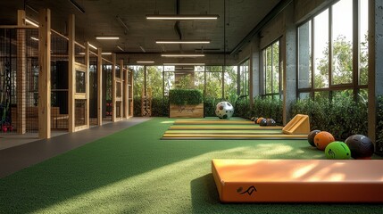 A spacious indoor sports facility with artificial turf, training equipment, and large windows allowing natural light to illuminate the space