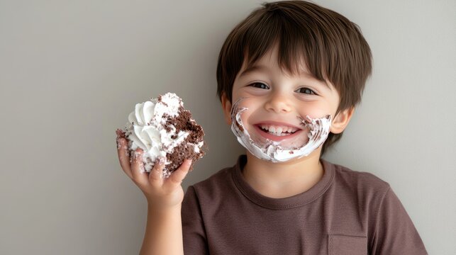 A joyful baby boy with chocolate cake smeared on his face enjoys a sweet treat in a studio setting