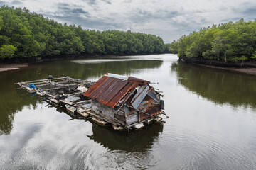 The floating house on the water