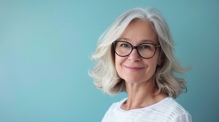 Portrait of a beautiful and well-groomed middle-aged woman wearing glasses, copy space for optometry business