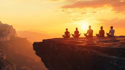 Diverse Group in Meditative Harmony Overlooking Sunset Cliff Scenery