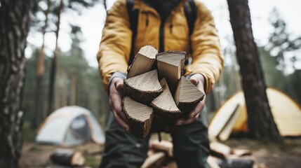 Fototapeta premium Bearded man holding firewood, ax in stump, tent in background. Camping trip concept. Outdoor adventure in forest setting.