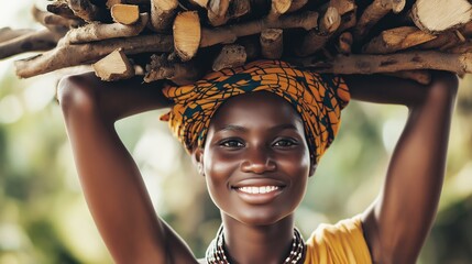 Portrait of a smiling African woman carrying a heavy load of firewood on her head, showcasing strength, balance, and resilience in traditional practice.