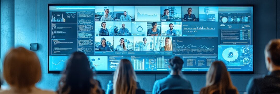 A group of professionals participates in a meeting while engaging with a large display showing various data visualizations and video calls
