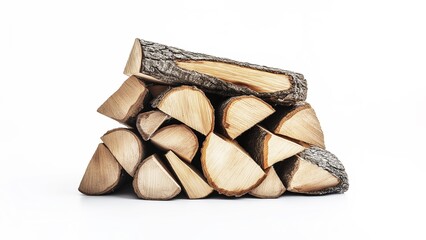 Neatly arranged firewood logs, ready to be used for cozy winter nights by the fireplace, set against a clean white background.