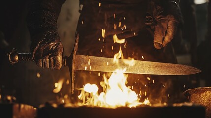 Skilled blacksmith forging a magnificent sword in fiery flames at his traditional blacksmith shop, surrounded by various tools and equipment