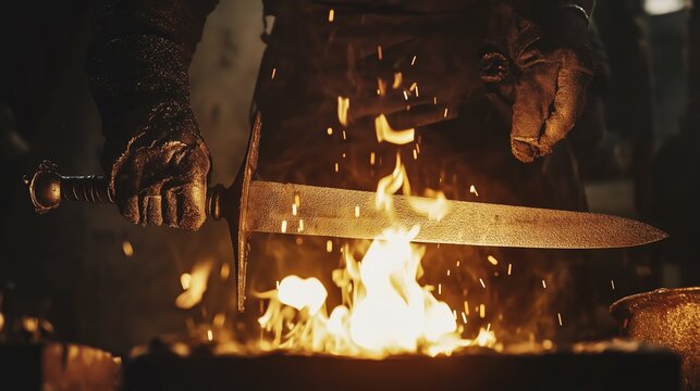 Skilled blacksmith forging a magnificent sword in fiery flames at his traditional blacksmith shop, surrounded by various tools and equipment