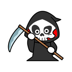 Cute Grim Reaper Holding Scythe Cartoon, Halloween skeleton death