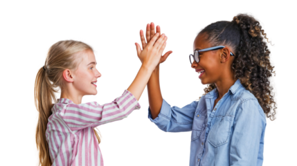 High Five for Friendship: Two young girls, one Caucasian and one African American, celebrate their bond with an enthusiastic high five. 