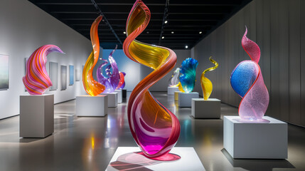 Colorful glass sculptures are showcased in a modern art gallery with a dark background and soft lighting. The high-resolution photo captures abstract designs on white plinths in an empty room.

