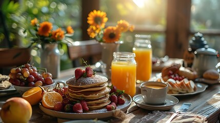 Fototapeta premium A heartwarming Sunday brunch moment, with a family enjoying pancakes, fruit, and fresh juice at a beautifully set table, the morning sunlight creating a warm, inviting atmosphere,