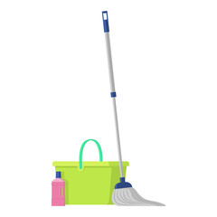 Household chores equipment: mop, bucket and detergent