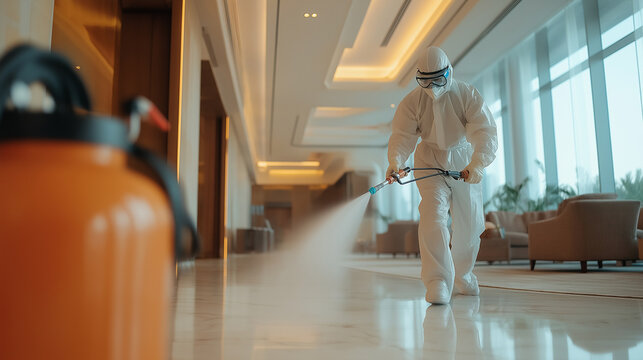 A professional in full protective gear, including chemical suits, masks and gloves, fumigates or disinfects a luxury hotel lobby, spraying a mist of disinfectant, creating visible droplets from nozzle