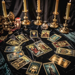 A mystical scene featuring tarot cards laid out on black velvet, surrounded by ornate golden candlesticks with burning black candles, evoking a gothic and spiritual atmosphere.
