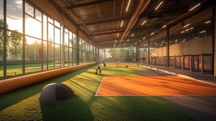 A spacious training facility with artificial turf, natural lighting, and equipment set up for various athletic activities in the late afternoon